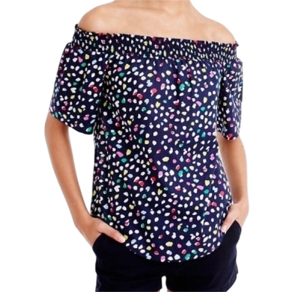 J.Crew Off The Shoulder Top Colorful Dot Print Smocked Neck Short Sleeve